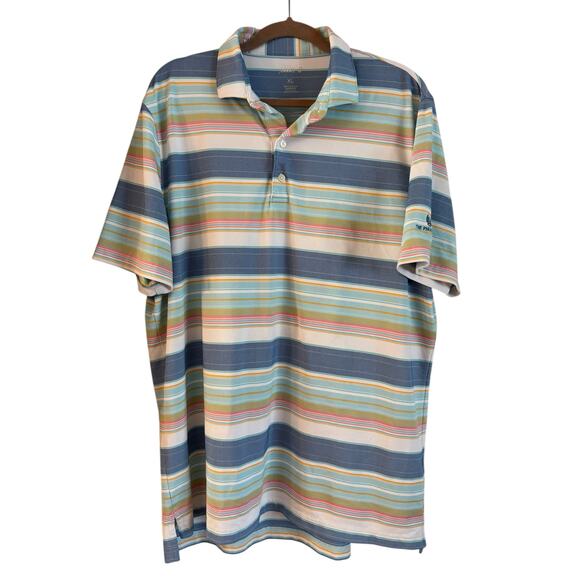 Johnnie-O Mens Erwin Lake Polo Large UPF Stripe PrepFormance Colorful Stretch XL - Picture 1 of 7